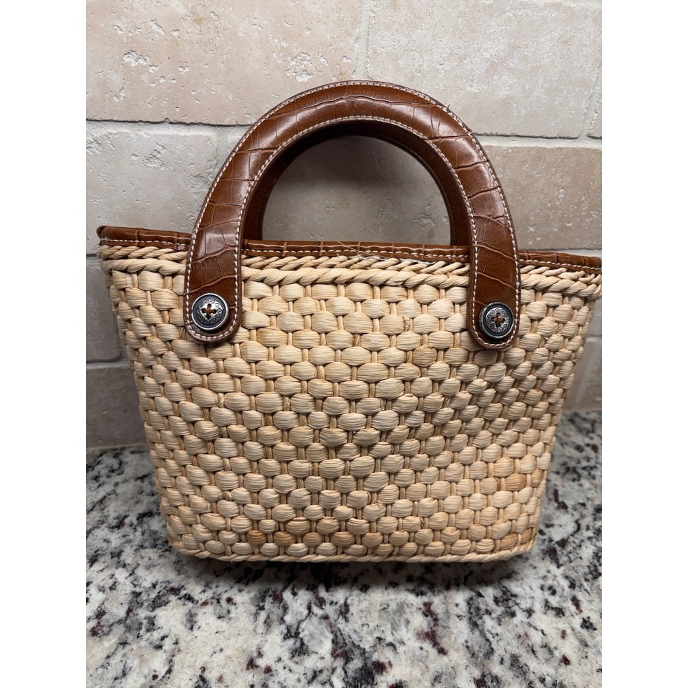Vtg Y2K Elka Woven Straw Floral Satchel Purse Croc Leather Handle Boho Handbag - Picture 3 of 13